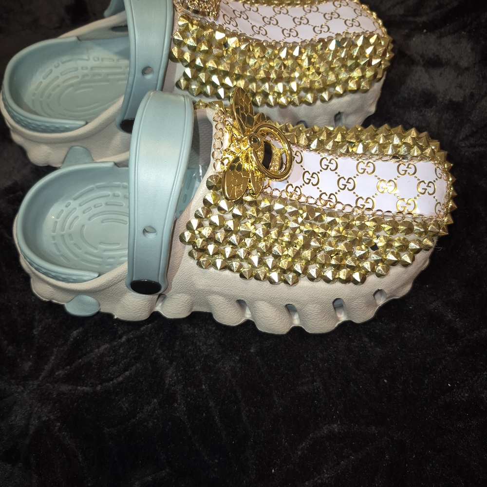 Gucci Gold Studded Slippers with Blue Strap. Custom Made For Women